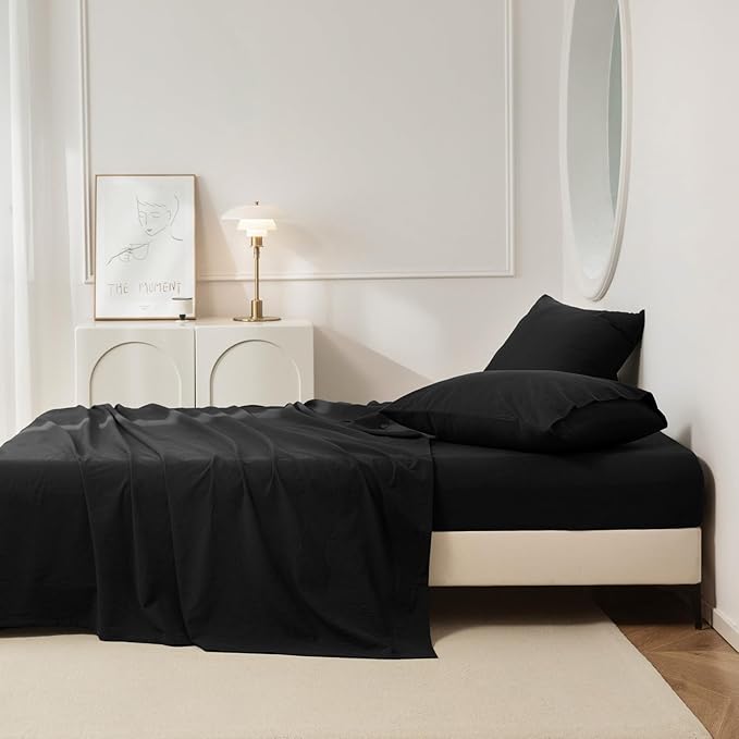 JIYUAN 100% Washed Cotton Sheet Set 4 Pieces King,1 Fitted Sheet,1 Flat Sheet and 2 Pillowcases,Comfy and Breathable Linen Like Bedding Set,Black