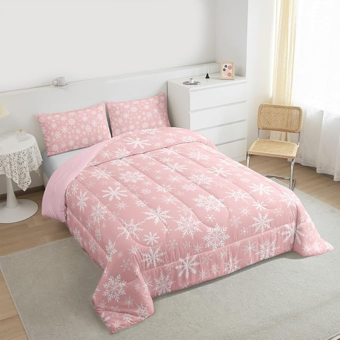 Erosebridal Pink Christmas Comforter Set Full Size Girly Romantic Snowflake Duvet Insert Princess Winter Quilt Girls Modern Style Bedding Set Bedroom Decor Pink Floral Bedding Set & 2 Pillowcases