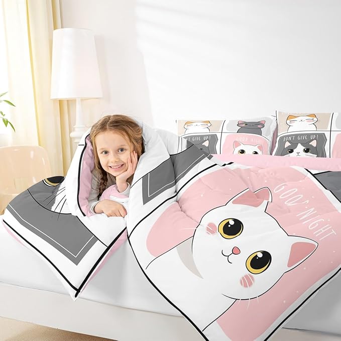 Erosebridal Kawaii Cats Comforter Set Queen,Pink Grey Cute Little Cat Down Comforter Adorable Kitten Animal Bedding Set For Kids Boys Girls Patchwork Cartoon Doodle Quilt Duvet Set With 2 Pillow Cases