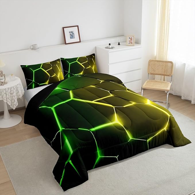 Feelyou Honeycomb Comforter Green Yellow Hexagonal Print Bedding Set for Kids Boys Girls Children Beehive Geometrical Comforter Set Ultra Soft Decor Reticulated Duvet Set Queen Size
