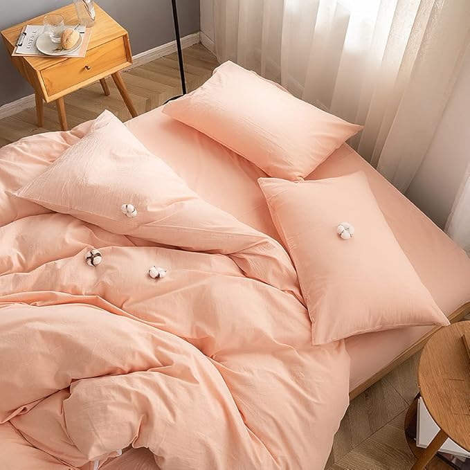 FACE TWO FACE Bedding Duvet Cover Set 3 Pieces 100% Washed Cotton Duvet Cover Linen Like Textured Breathable Durable Soft Comfy (California King, Pink)