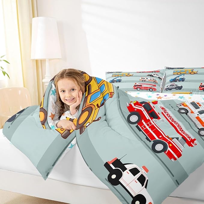 Erosebridal Fire Truck Comforter Set,Police Car Down Comforter King Size,School Bus Bedding Set for Kids Boys Teens Youth,Equipped Truck Cartoon Vehicle Quilt Duvet Insert Bedroom Dorm Decor 3 Pcs