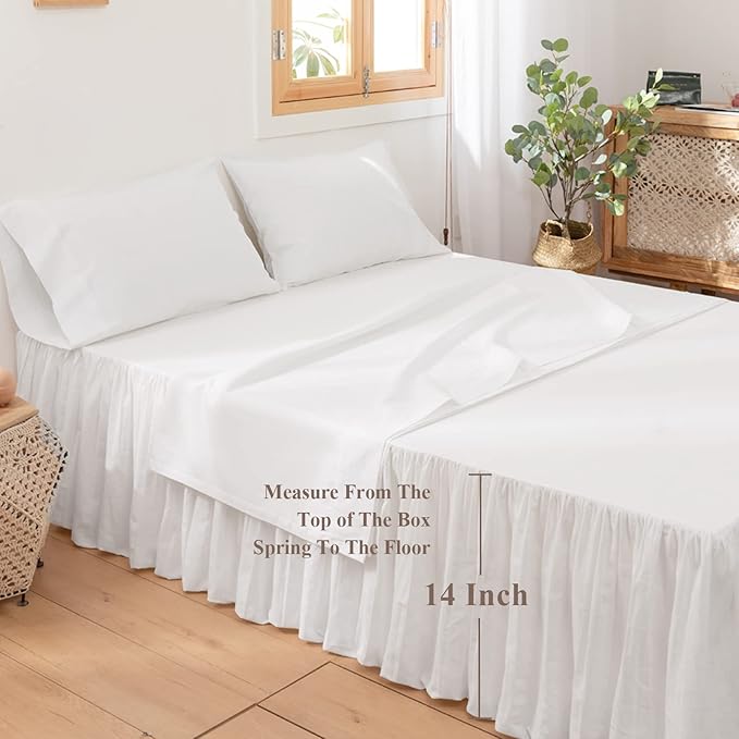 BISELINA French Linen Bed Skirt with Pleated Frills 14-Inch Tailored Drop Natural Flax Cotton Blend Dust Ruffle Soft Cozy Farmhouse Bedding (14" King, White)