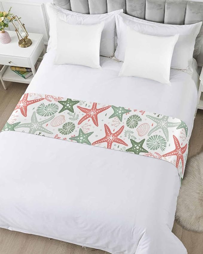 Green Orange Coral Bed Runner for Twin Size Bed, Bedspread Protector Slipcover Bed Scarf for Foot Bed Runners & Scarves for Bedroom Hotel 71x20 Spring Summer Coastal Starfish Beach Nautical Conch