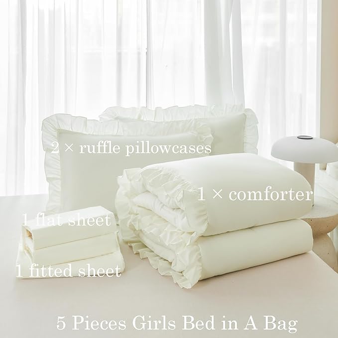 ANGIYUIN 5 Pieces Ivory Twin Size Bedding Set for Kids Girls Beige Ruffled Bed in A Bag with Sheets Farmhouse Fluffy Comforter Set Shabby Chic Bed Sets(Ivory Twin)