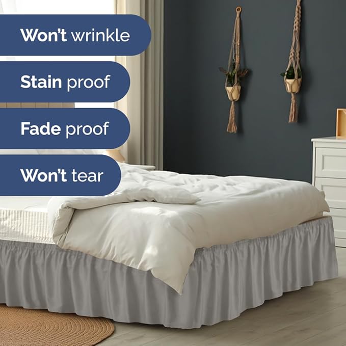 Wrap Around Dust Ruffle Bed Skirt - Light Grey - for Twin Size Beds w/ 14 Inch Drop - Easy Fit Elastic Strap - Adjustable Pleated Bedskirt with Brushed Fabric, Wrinkle Free Women, Men, Kids and Teens