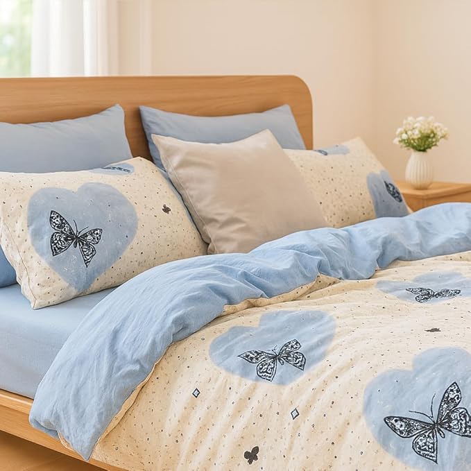 Cornflower Blue Duvet Cover Set Full Butterfly Reversible Bedding Microfiber Soft Lightweight Comforter Cover Pillowcases College Dorm Apartment Bedroom Decor Bedding Essentials Machine Washable