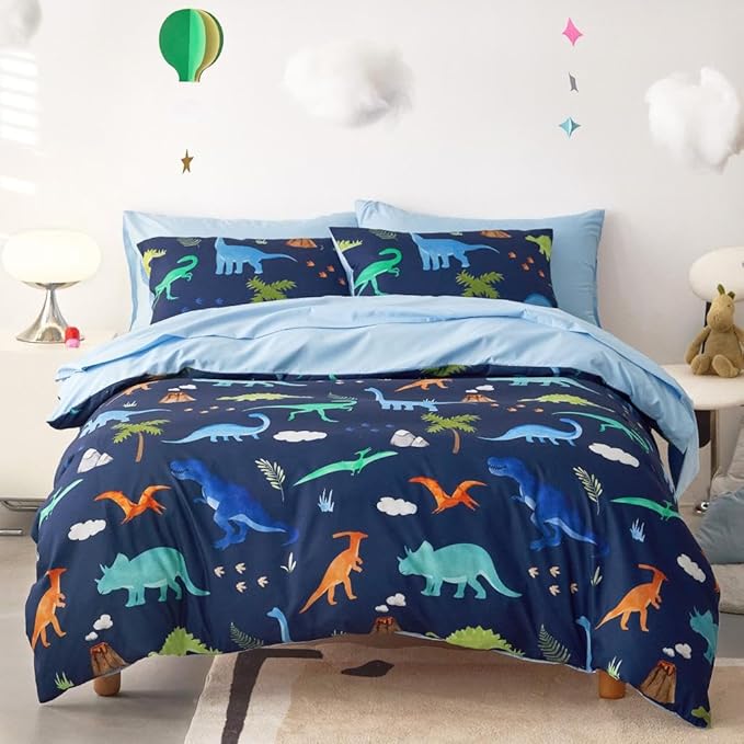 Wake In Cloud - Dinosaur Bedding Set for Boys, Cute Colorful Dinosaur Soft Lightweight Comforter Set with Sheets, 5 Pieces Kids Bed in a Bag, Navy Blue, Twin Size