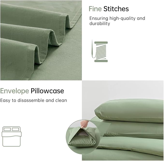 JELLYMONI Light Green Duvet Cover King Size - 100% Washed Cotton Linen Like Textured Comforter Cover, 3 Pieces Breathable Soft Bedding Set with Zipper Closure (Light Green, King 104"x90")