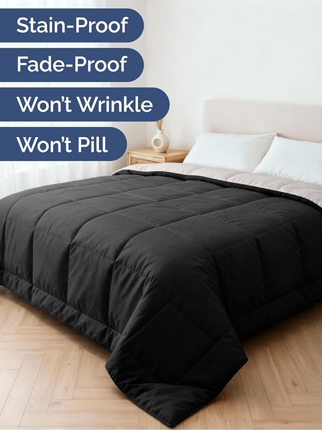 Twin Size, Black & Light Grey Alternative Down Comforter - Warm, Lightweight & Breathable Hotel Quality Bedding Set for Men, Women, Kids & Teens - All Season Cooling Microfiber Duvet Insert Comforter