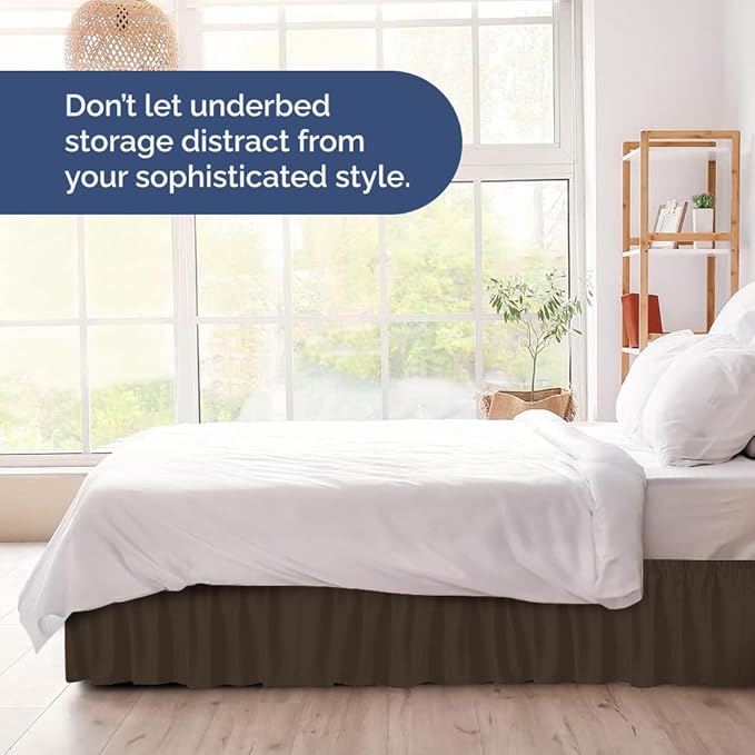 Wrap Around Dust Ruffle Bed Skirt - Brown - for Queen Size Beds with 18 Inch Drop - Easy Fit Elastic Strap - Adjustable Pleated Bedskirt w/Brushed Fabric - Wrinkle Free - for Women, Men, Kids & Teens
