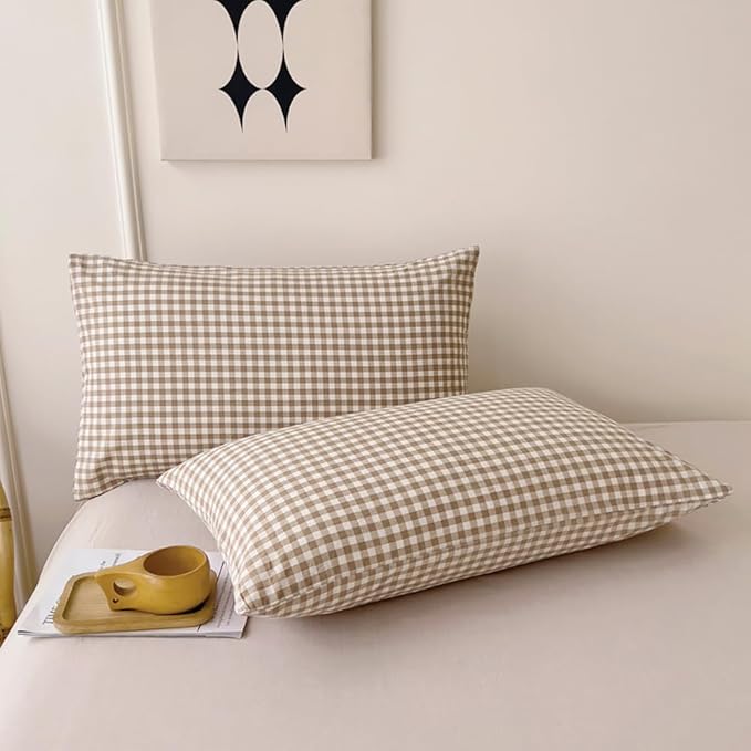 Nayoroom Brown Gingham Duvet Cover Queen Size Tan White Plaid Checkered Duvet Cover Grid Dorm Bedding Set 3 Pieces Soft Lightweight Washed Microfiber Farmhouse Bedding with Pillowcases