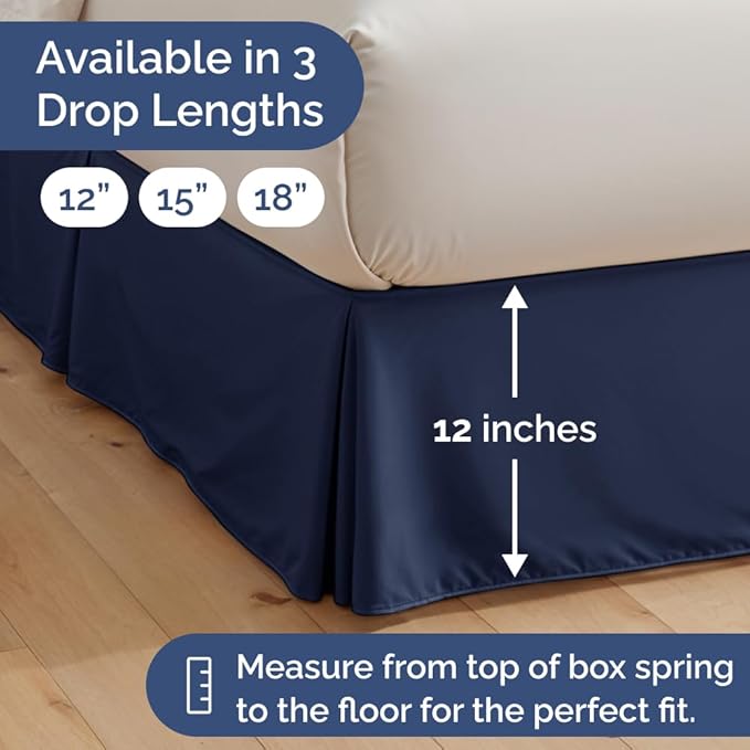 Pleated Bed Skirt King Size - 3 Sided Pleated Bed Skirt King - Ultra-Soft, Easy Fit with 12 Inch Tailored Drop - Hotel Quality, Wrinkle Free & Fade Resistant - for Women, Men, Kids & Teens - Navy