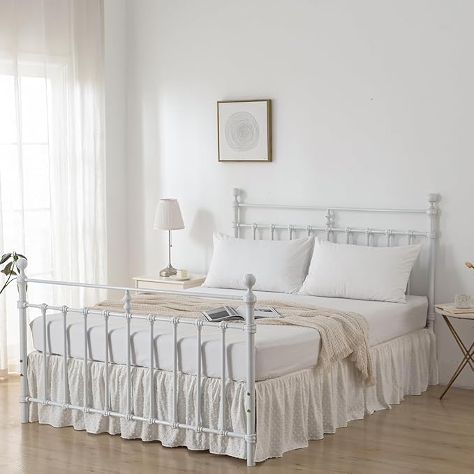Tufted Dot Bed Skirt Queen Size Ruffled Bed Skirt with Split Corners, 14 Inch Drop Dust Ruffle Bed Skirts with Platform, Ivory