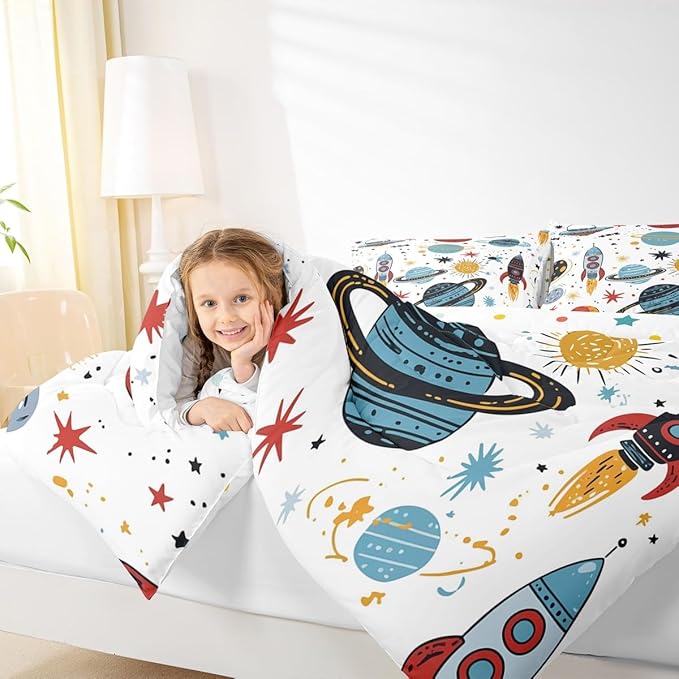Erosebridal Outer Space Bedding Set King Size Kids Boys Space Ship Rocket Comforter Set Cartoon Universe Stars Planet Down Comforter Cosmos Meteorite Quilt Duvet Set with 2 Pillow Cases