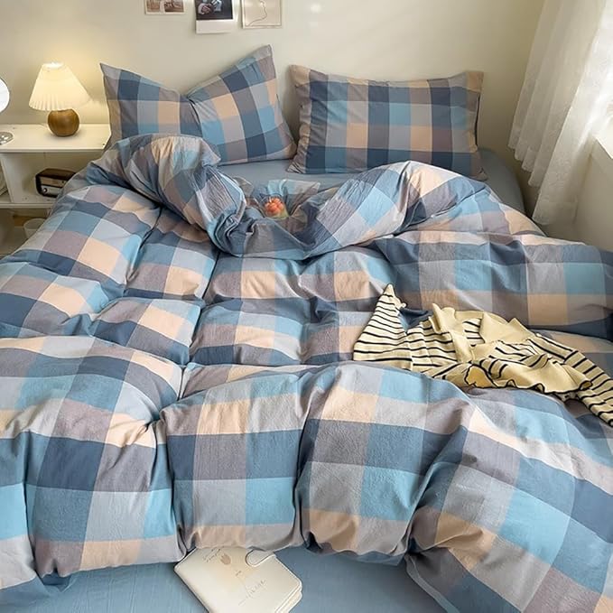 LifeTB Washed Cotton Plaid Duvet Cover King Blue Grey Plaid Grid Bedding Set King 3 Pieces Buffalo Grid Duvet Cover Modern Checkered Gingham Comforter Cover Farmhouse Bedding Set Breathable