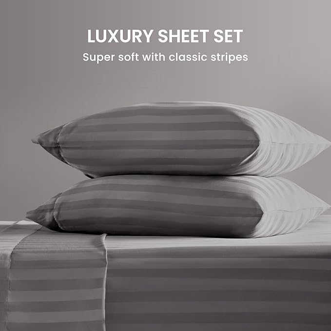 SLEEP ZONE Striped Cooling Sheets Set Full Size - Fitted Flat Sheet & Pillowcase Sets 4 Piece - Super Soft Stripe Bed Sheet, Easy Care, Deep Pocket (Gull Grey, Full)