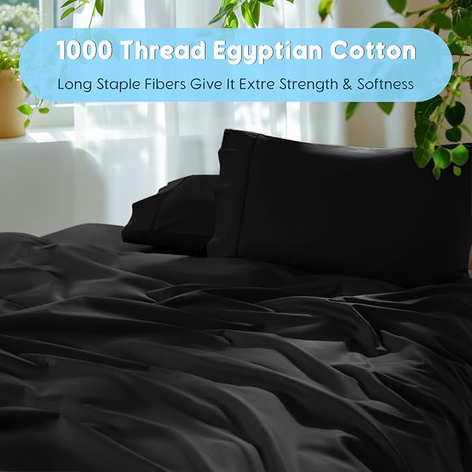 SONORO KATE 100% Egyptian Cotton Sheets Set, Extra Deep Pocket up to 18"-24",1000 High Thread Count, Soft & Breathable 5-Star Hotel Sateen Bed Sheets - 4 PC (Black,Queen)
