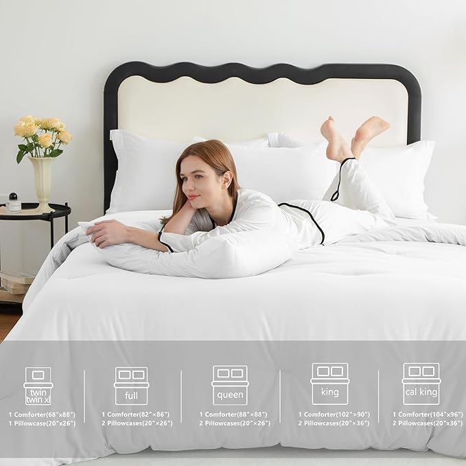 CozyLux White Full Size Comforter Set, 3 Pieces Solid Breathable Quilted Style Bedding Sets, Luxury Fluffy Soft Bed Set with Down Alternative Comforter for All Season (1 Comforter & 2 Pillowcases)
