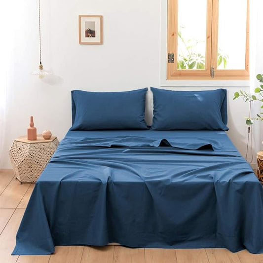 Simple&Opulence Belgian Linen Sheet Set Solid Color - 3 Pieces (1 Flat Sheet, 1 Fitted Sheet & 1 Pillowcase) Natural Flax Cotton Blend Soft Breathable Farmhouse Bedding - Twin Size, Classic Blue