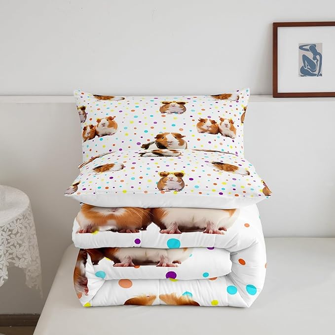 Feelyou Guinea Pig Bedding Set for Girls Boys Children Cute Cavy Pattern Comforter Decorative Cartoon Lovely Pet Animal Comforter Set Toddler Size Colorful Polka Dots Duvet Set 2Pcs Sets