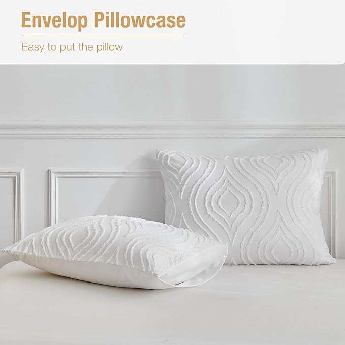 Lekesky White Duvet Cover Queen Size, Boho Tufted Textured Queen Duvet Cover Set 3pcs Ultra Soft Microfiber Breathable Shabby Chic Bedding Sets with Zipper Ties (No Comforter)