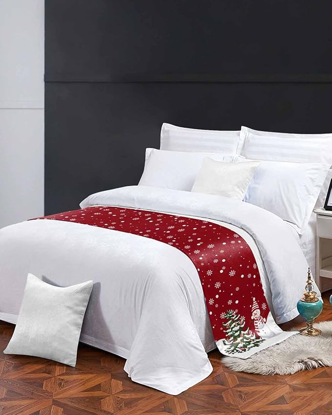 Christmas Tree Snowflakes Snowman Bed Runners for Bedroom Hotel,Decorative Bedding Scarf Red White Green Bed End Blanket Bedding Runner Scarves for Full Size Bed,83x20in
