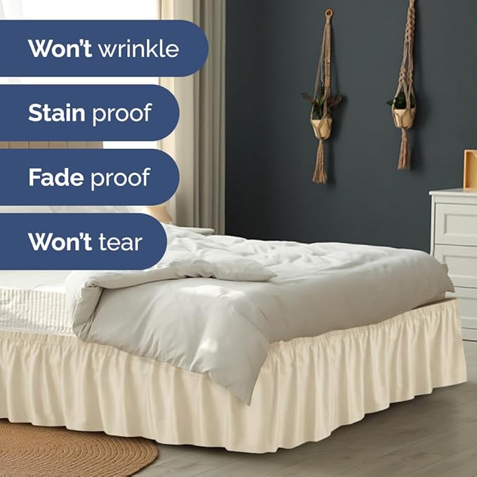 Wrap Around Dust Ruffle Bed Skirt - Off White - Twin/Twin XL Size Beds w/ 15 Inch Drop - Easy Fit Elastic Strap- Adjustable Pleated Bedskirt w/Brushed Fabric - Wrinkle Free - Women, Men, Kids & Teens