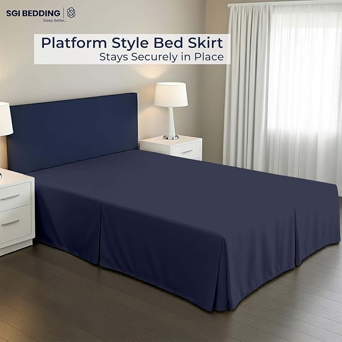 SGI bedding 17 inch Drop Bed Skirt Queen Size - Platform Style with Secure Fit, Classic Tailored Look, Elegant Pleated Style Dust Ruffle, Split Corners, Wrinkle Resistant Microfiber - Navy Blue