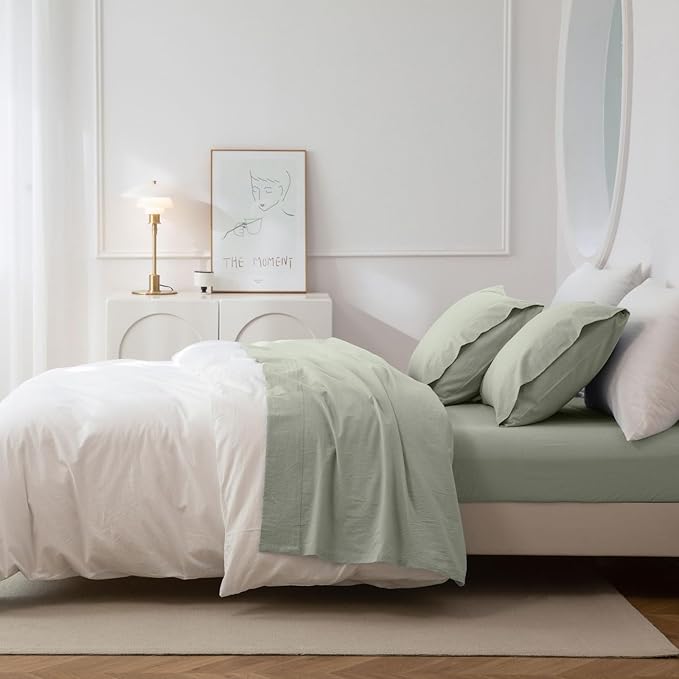 JIYUAN 100% Washed Cotton Sheet Set 4 Pieces King,1 Fitted Sheet,1 Flat Sheet and 2 Pillowcases,Comfy and Breathable Linen Like Bedding Set,Heathered Sage Green