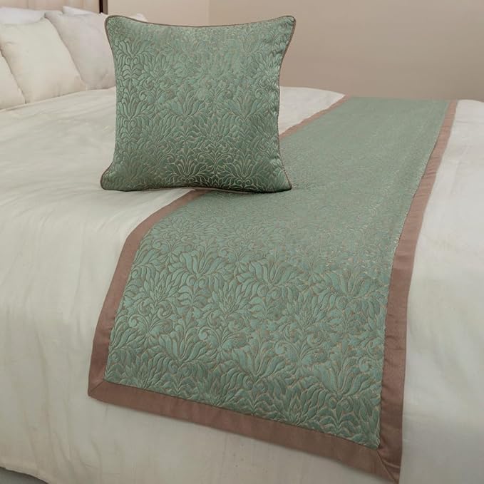 The HomeCentric King/Queen/Twin Blue & Beige Decorative King 90"x18" Bed Runner with 2 Pillow Cover, Damask Bed Scarf on Jacquard Fabric - Arabella