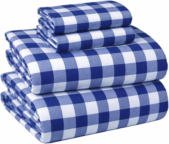 Briarwood Home® Printed Flannel Sheet Set, 100% Natural Cotton, Soft, Warm & Deep Pocket, Advanced Nano-Tech Making it Resistance to Pilling; Brushed 6 Times for Softness (Buffalo Navy Blue, Twin)