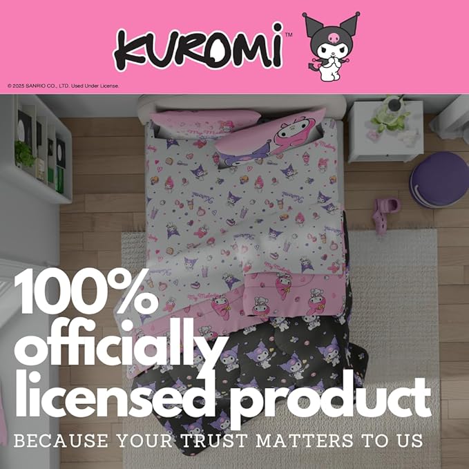 Sanrio Kuromi & My Melody Bedding 7 Piece Super Soft Cozy Reversible Comforter and Sheet Set with Sham, Queen, (100% Official Licensed Product) by Franco