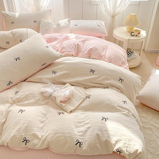 Nayoroom Bow Duvet Cover Queen Size Reversible Pink Coquette Duvet Cover 3 Pieces Soft Lightweight Microfiber Kids Girls Cute Aesthetic Dorm Bedding Set, White/Pink