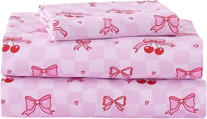 Kids Sheet Set Twin Size, Twin Sheet Set with Pink Cherry Pattern，Breathable Silky Soft Microfiber Kids Fitted Sheet