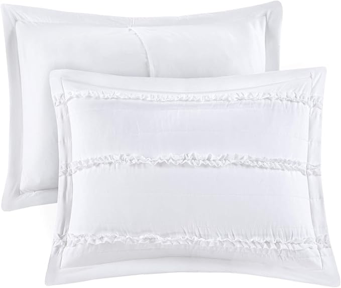 Madison Park Celeste Quilt Modern Classic Design All Season, Breathable Coverlet Lightweight Bedding Set, Matching Shams, Decorative Pillow, Full/Queen(90"x90"), Ruffle White 4 Piece