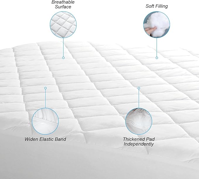 EIUE Quilted Mattress Pad - Lightweight Yet Substantial, Elastic Fitted Mattress Topper Protector, Breathable Mattress Protector with Secure Fit,Machine Washable,Queen(60x80inches),White