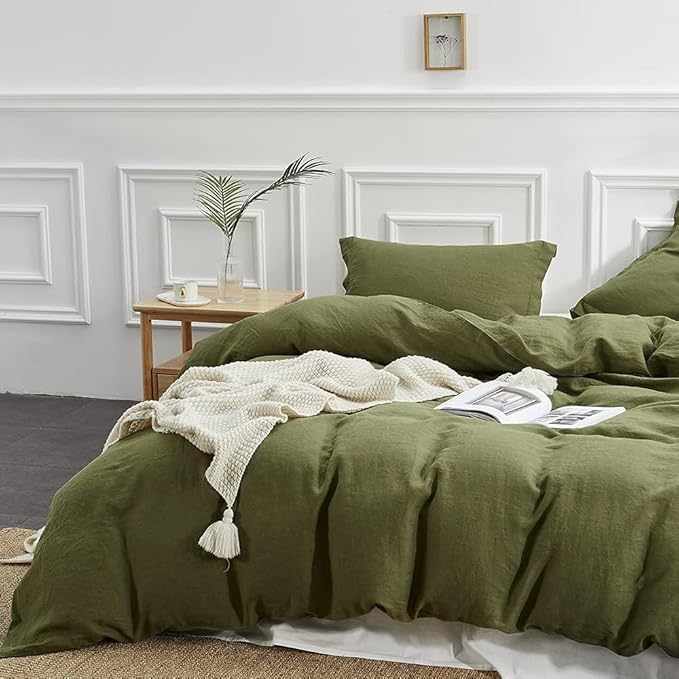 Simple&Opulence 100% Linen Duvet Cover Set, 3 PCS Natural French Flax Olive Green Duvet Cover Queen Size, Breathable Soft Comfy Linen Bedding Comforter Cover with 2 Pillowcases(Olive Green, 88"x92")