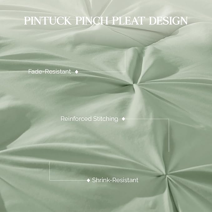 Andency Sage Green Pinch Pleated Comforter King(104x90Inch), 3 Pieces Pintuck Lightweight Comforter Set, Soft Microfiber Down Alternative Bedding Set