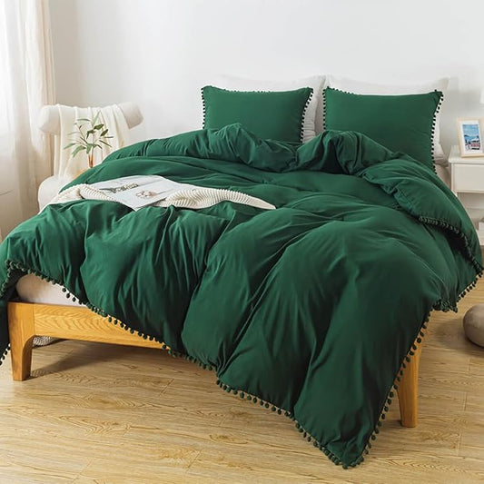 TanNicoor Pom Fringe Duvet Cover Set - 3 Piece Natural Ultra SOFE Color Washed Microfiber Bedding Set, Modern Style Down Comforter Quilt Cover with Zipper Closure(Twin, Emerald Green)