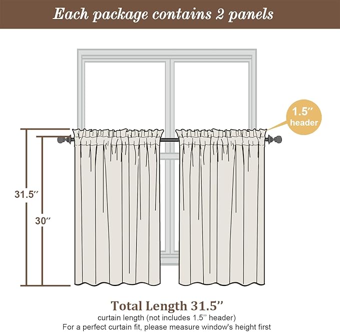 Chyhomenyc Aqua Sheer Curtains 30 inch Length 2 Panels, Light Filtering Voile Rod Pocket Short Window Curtians for Bathroom Living Room Farmhouse Small Windows, 42Wx30L inches