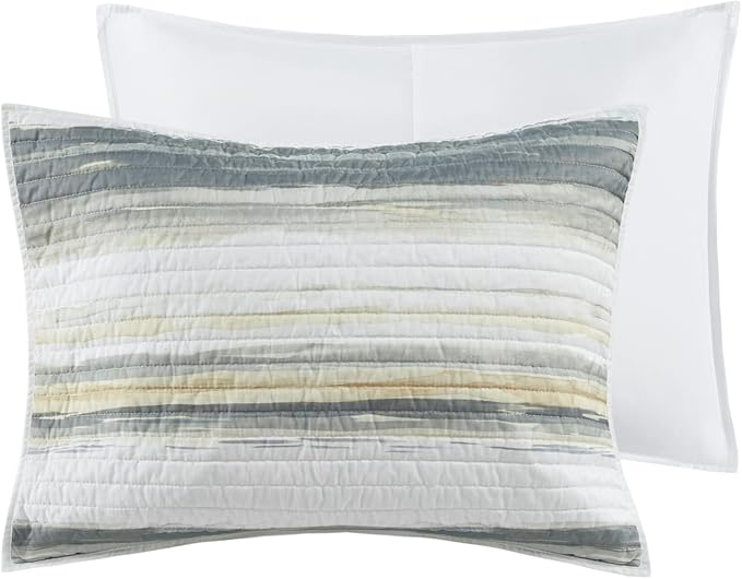 Madison Park Quilt Set Cottage Coastal Design, 6 Piece Set - All Season, Coverlet Bedspread Lightweight Bedding Layer, Shams, Toss Pillows, Full/Queen(90 in x 90 in), Yellow/Grey
