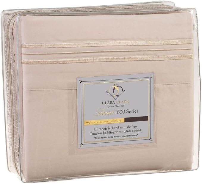 Clara Clark 1800 Series Bed Sheet Sets - Stay fit on Mattress with Elastic Straps at Corners - King, Beige Cream