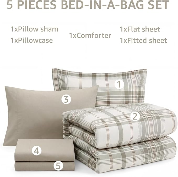 Twin XL Comforter Set Grey White, Plaid Bedding Set 5 Pieces for Boys Girls Teen, All Season Lightweight Bed in a Bag for Dorm with Sheets, Pillowcase & Sham