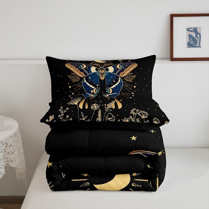Erosebridal Butterfly Bedding Set Twin,Flower Weed Botanical Duvet Set for Adult Women Men 2Pcs,Black Starry Sky Quilted Comforter Boho Exotic Moon Star Comforter Set Soft Cozy Microfiber