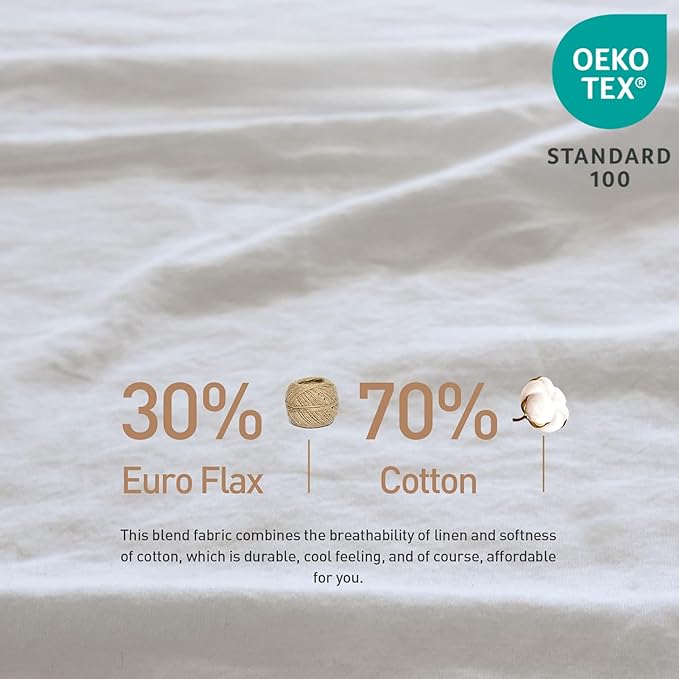 Simple&Opulence Belgian Linen Sheet Set Solid Color - 6 Pieces (1 Flat Sheet & 1 Fitted Sheet & 4 Pillowcases) 16" Deep Pocket Natural Flax Cotton Blended Soft Bedding - White, King Size