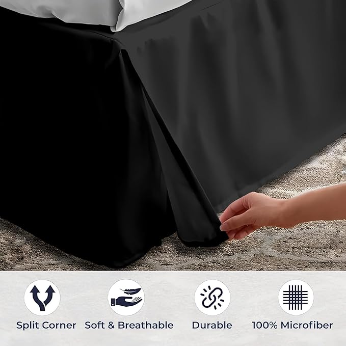 SGI Bedding 21 inch Drop Bed Skirt Full Size - Platform Style with Secure Fit, Classic Tailored Look, Elegant Pleated Style Dust Ruffle, Split Corners, Wrinkle Resistant Microfiber - Black