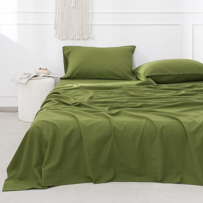 Simple&Opulence Belgian Linen Sheet Set Solid Color - 3 Pieces (1 Flat Sheet, 1 Fitted Sheet & 1 Pillowcase) Natural Flax Cotton Blend Soft Breathable Farmhouse Bedding - Twin Size, Forest