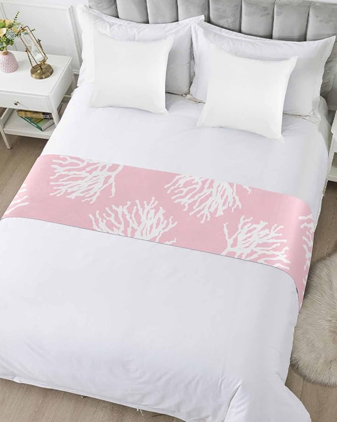 Coral Pink Bed Runner Scarf for Full Size Bed Foot, Decorative Bedding Accessory Stainproof & Dustproof Soft Protector For Bedroom Hotel Wedding Room Coastal White Ocean Marine Nautical Beach 83"x20"