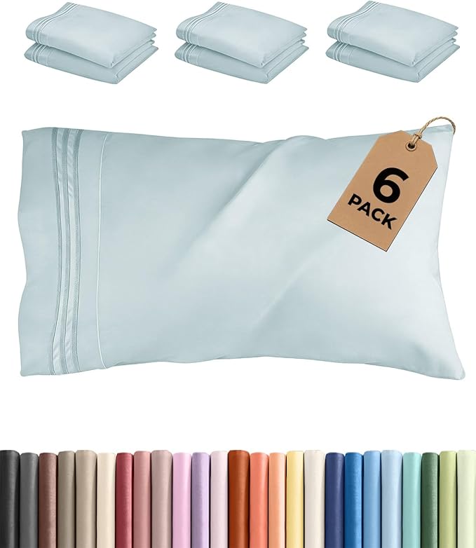 Queen Pillow Cases Set of 6 - Ultra Soft Hotel Quality Pillowcase Covers - Comfy, Cozy & Wrinkle Free - Shrink, Stain and Fade Resistant - Machine Washable Pillow Protectors - 6 Piece Set - Ice Blue